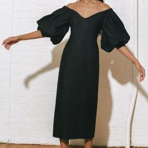 NWT MARA HOFFMAN Black Namari Balloon-Sleeve Woven Linen-Cotton Midi Dress